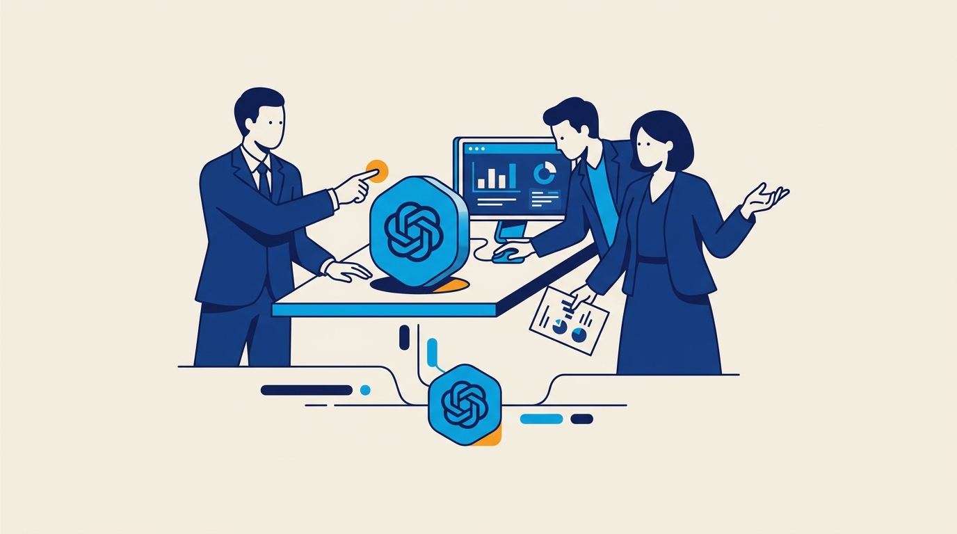 Stylised illustration of a B2B team collaborating around an AI tool — humans guiding the work alongside the AI assistant, calm productive partnership