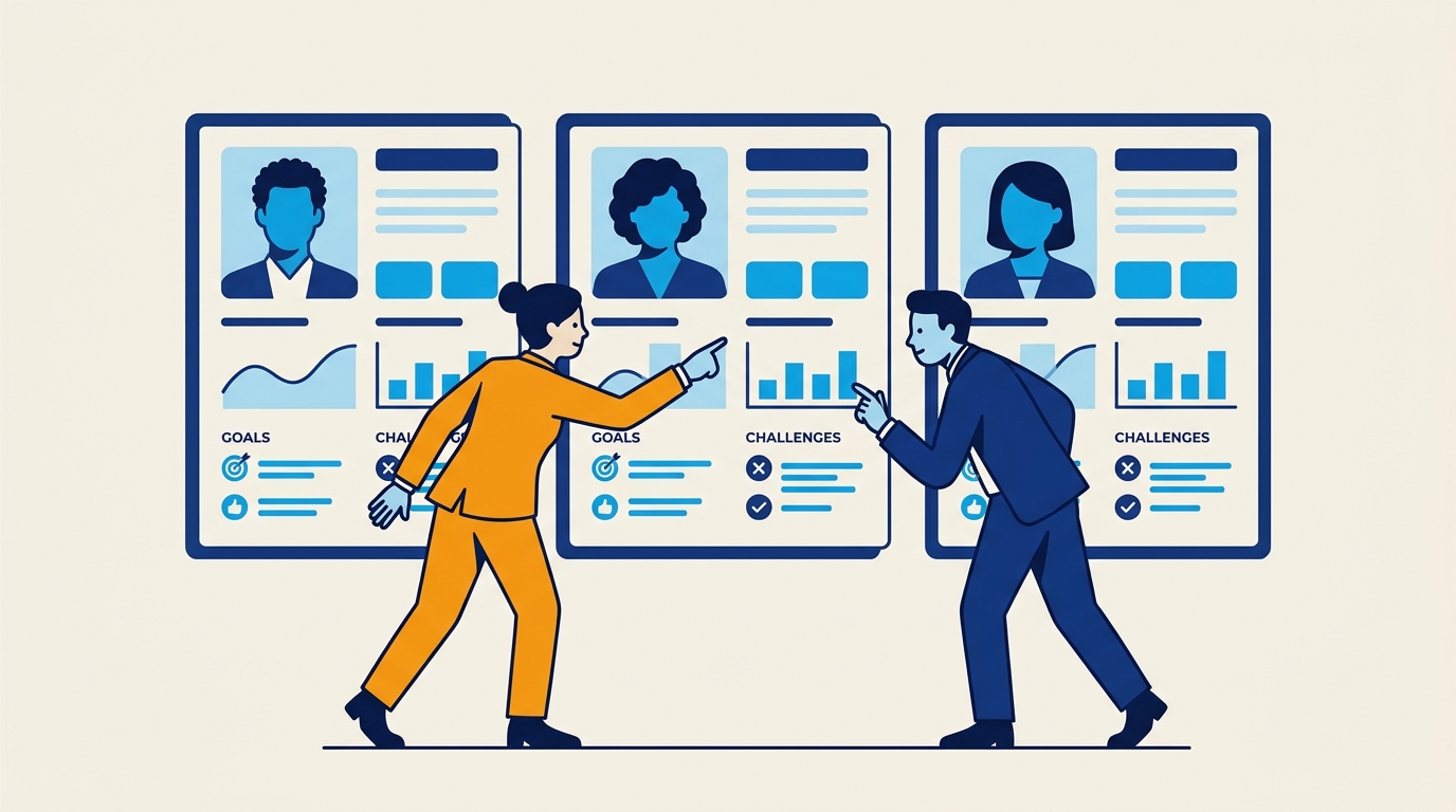 Stylised illustration of figures examining customer persona character cards on a wall — representing different B2B customer types