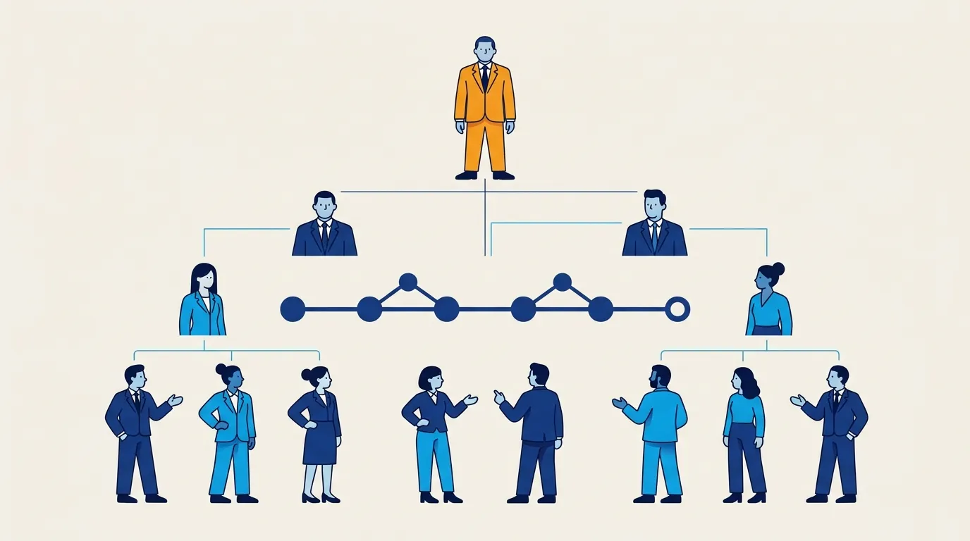 Stylised illustration of an organisational structure aligned around the customer experience, orange senior sponsor at the top of the hierarchy, three levels of reporting roles, all oriented around a customer journey visualisation in the centre