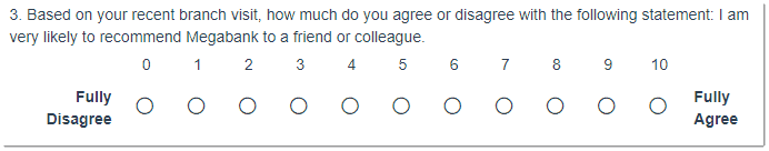 Based on your recent branch visit, how much do you agree or disagree with the following statement: I am very likely to recommend Megabank to a friend or colleague.