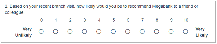 Based on your recent branch visit, how likely would you be to recommend Megabank to a friend or colleague.